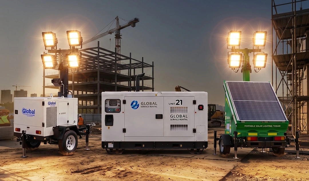 Torre de iluminación diésel, generador eléctrico y torre solar Global Service en una obra al atardecer